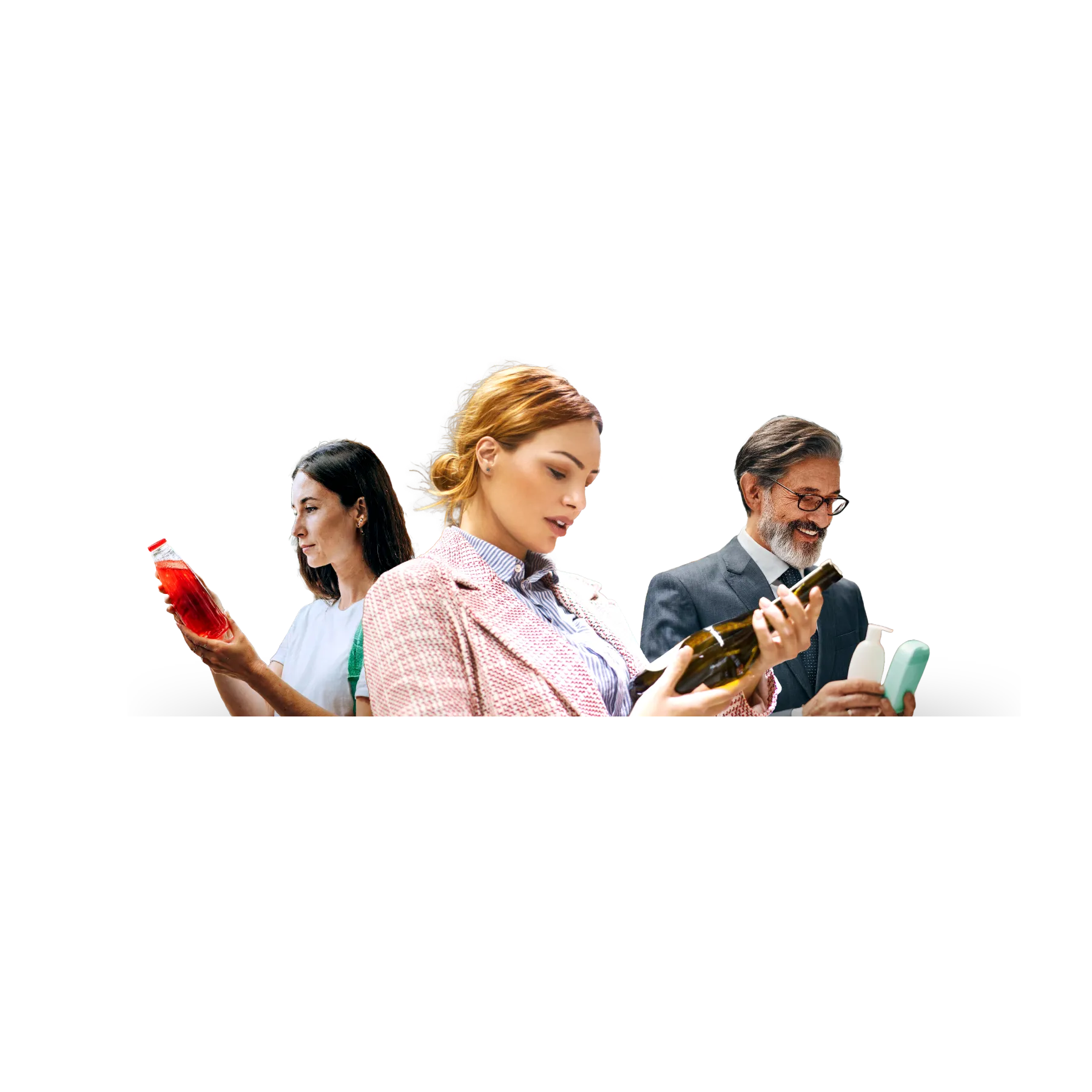 Three shoppers - 2 women and one man, considering individual items in their hands for purcase. Red liquid, bottle of wine, beauty products.