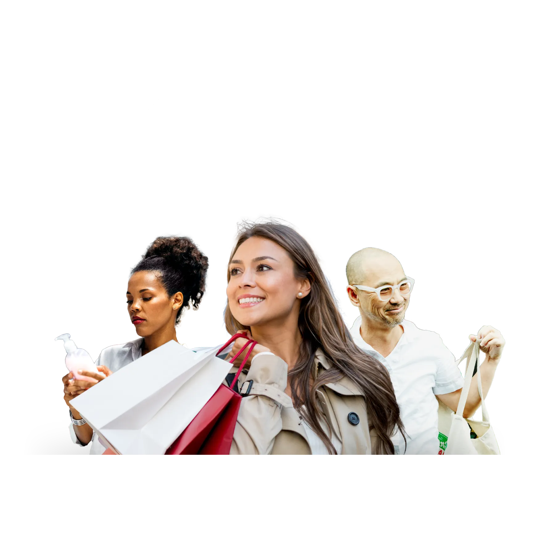 Two women and a man shopping for FMCG goods - a woman selecting a cosmetics bottle, a woman carrying bags of purchases, a man with a tote bag. Icons of shopping trolley, bank card and other images above them.