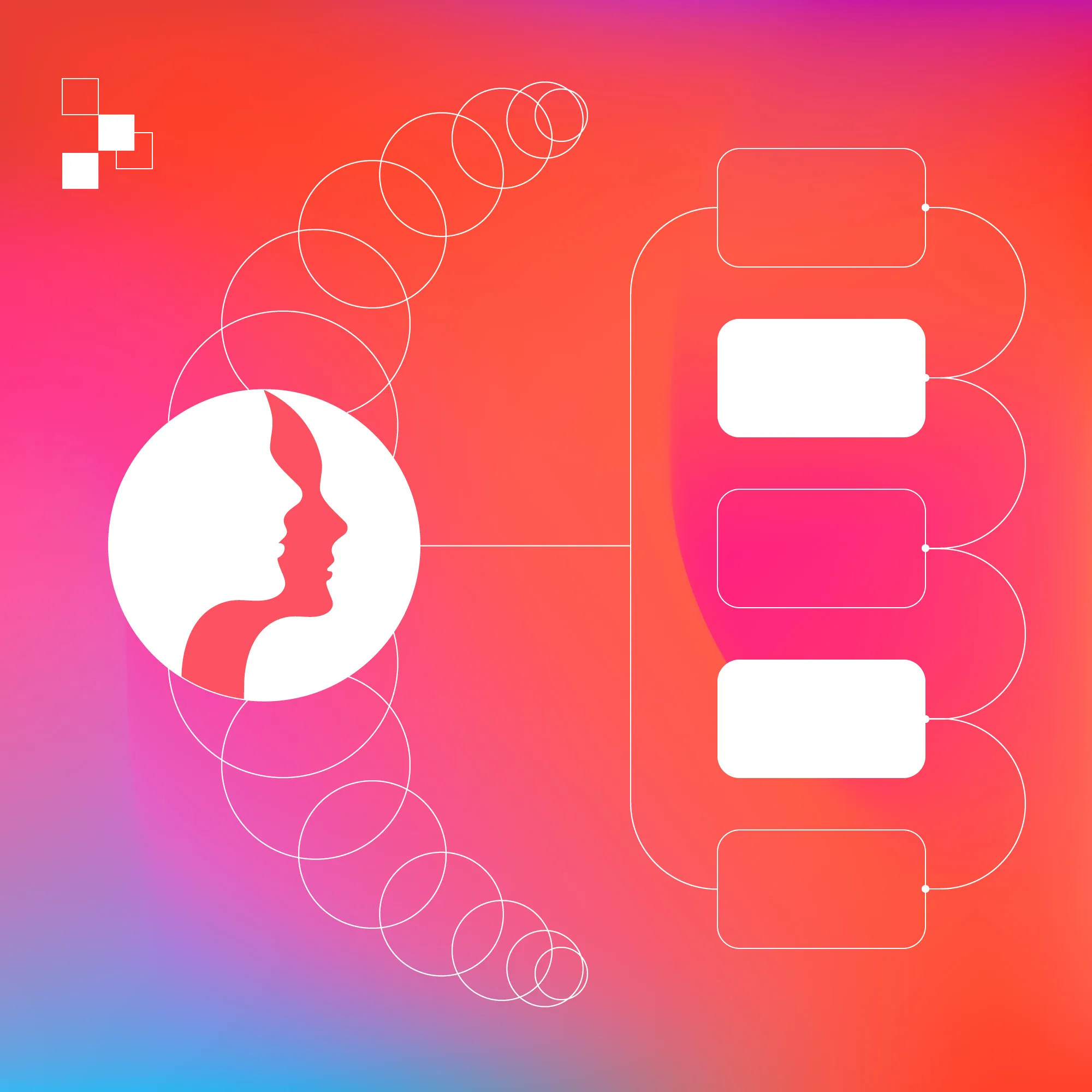 Gradient background showing individual human profile connected to many circles and and steps in a flow chart - reflecting a consumer journey.