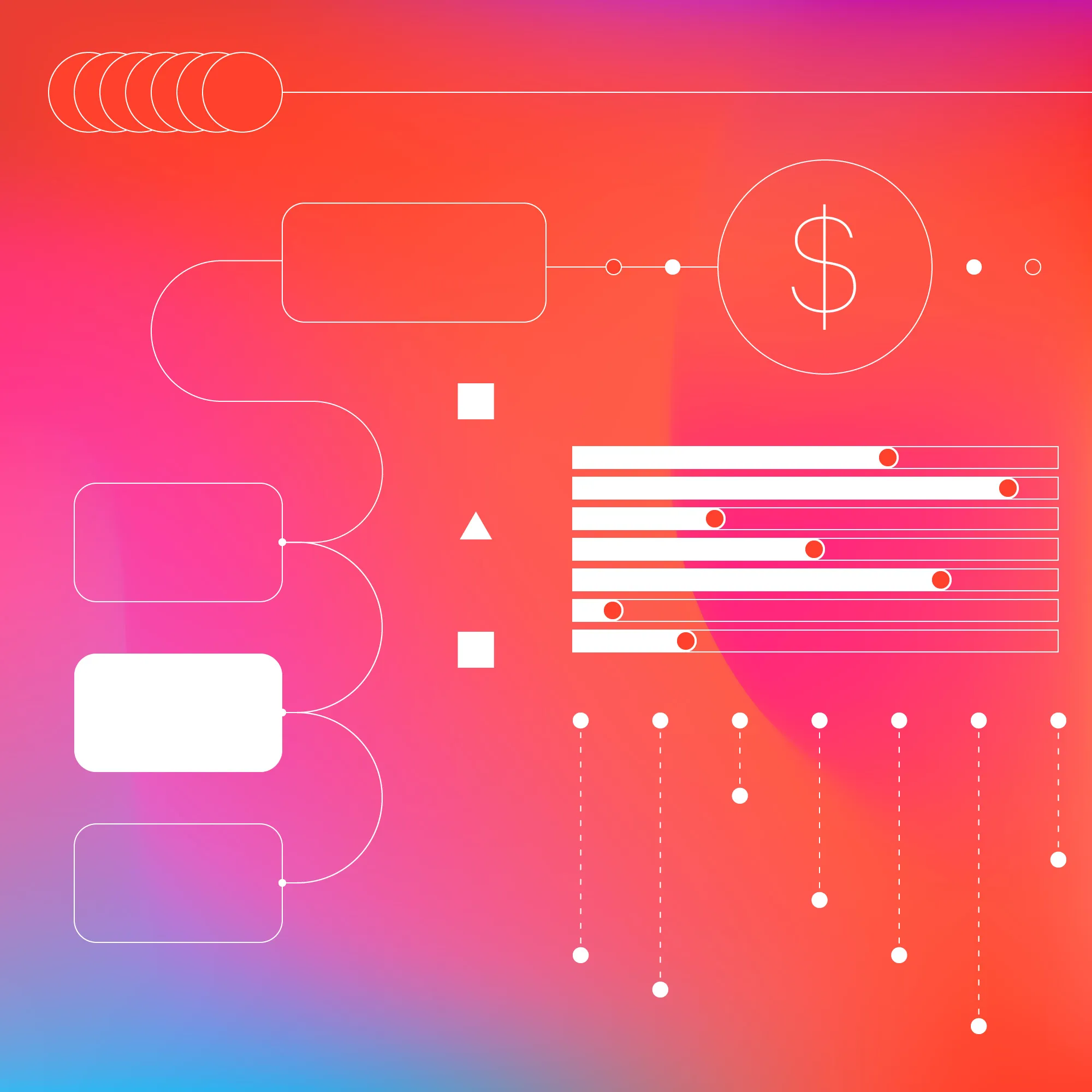 Gradient background showing multiple connected datapoints, flow charts and sliding scales, with a dollar sign in one bubble, reflecting customer spend.