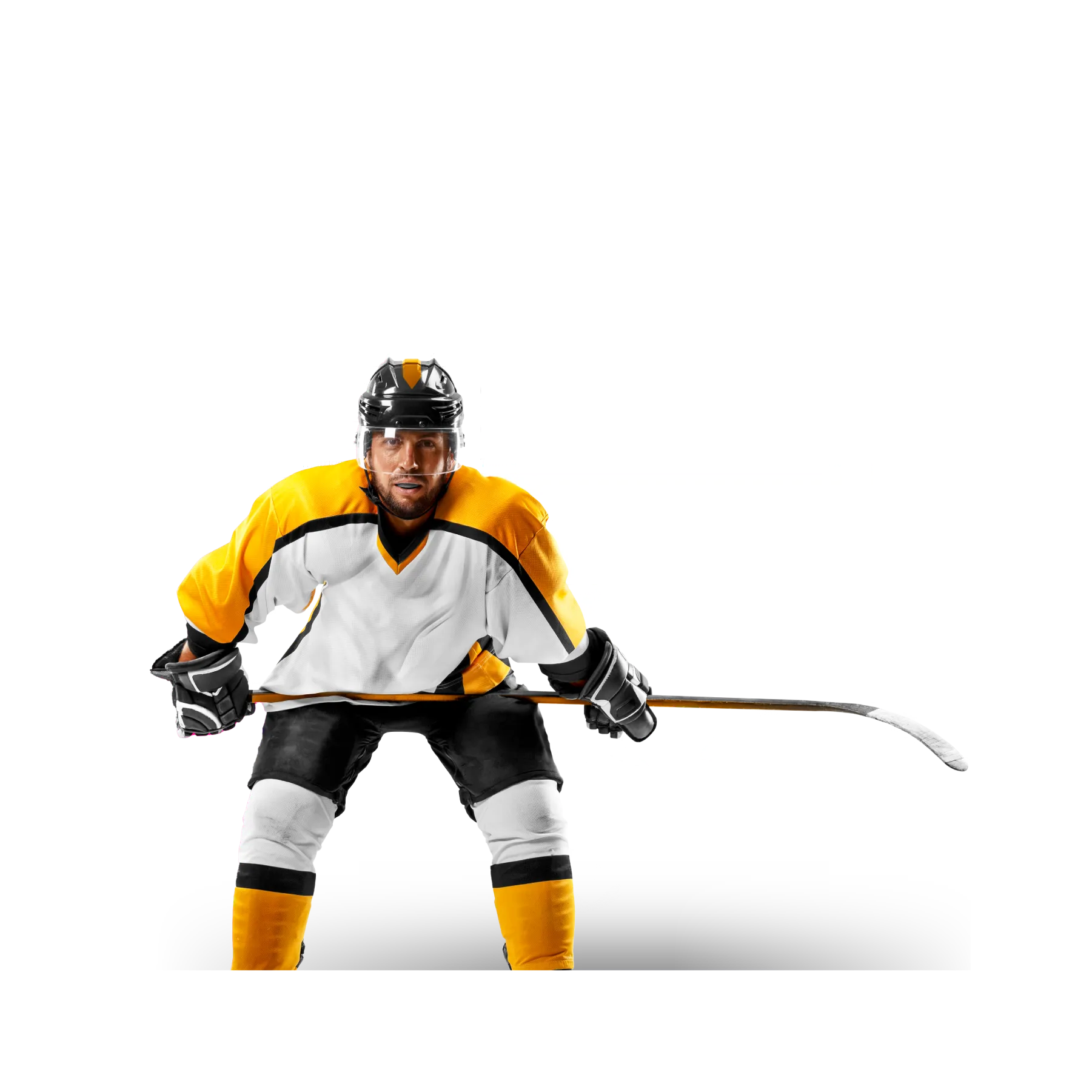 a hokey player, dressed in his equipment and a survey question behind him