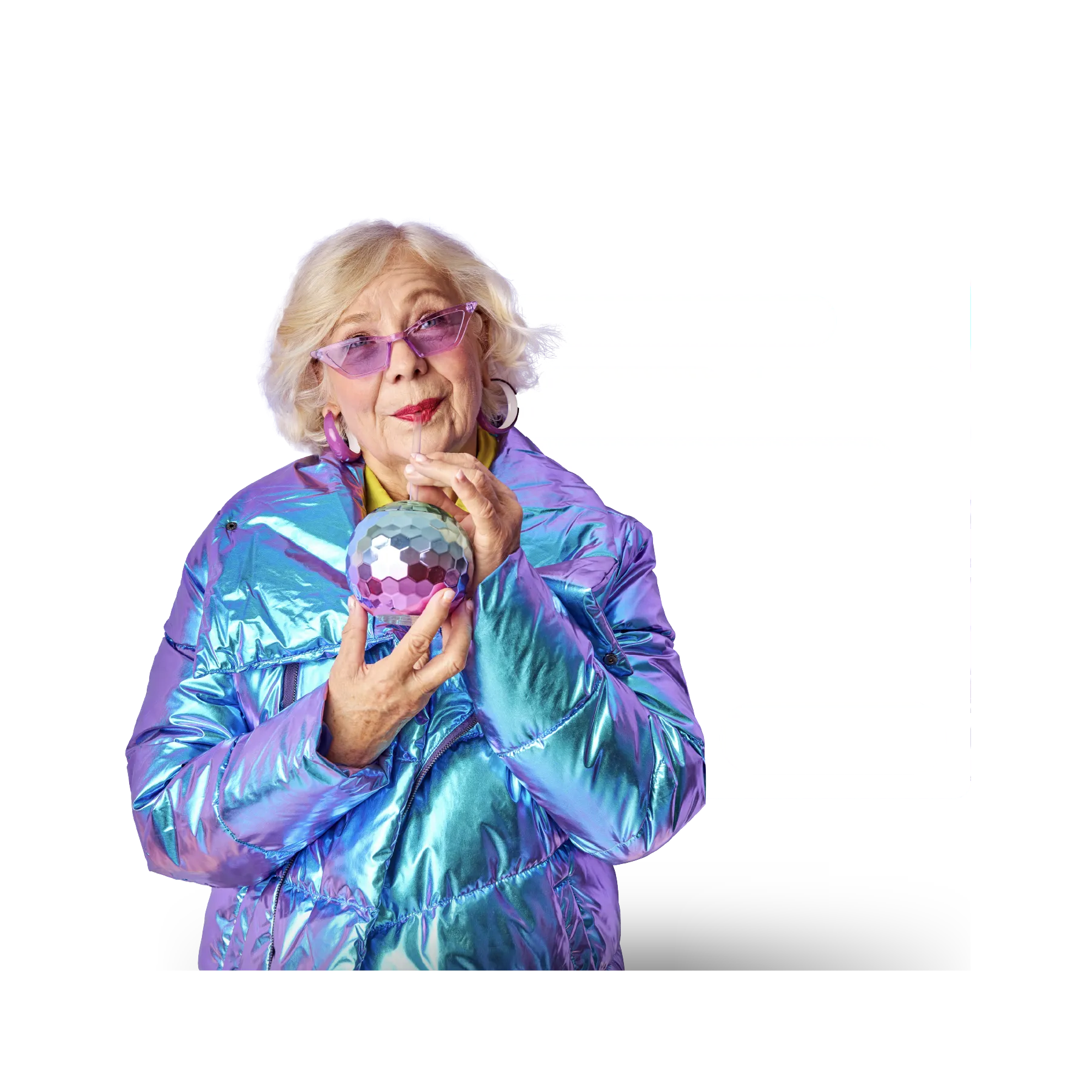 older blonde lady with colorful holographic jacket and personal details in background