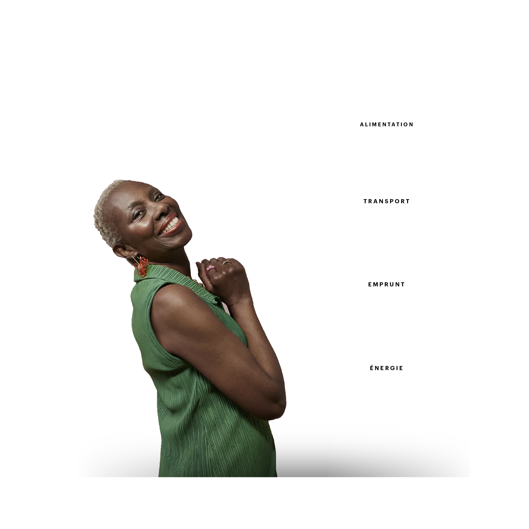 older woman with a green dress and financial data in the background