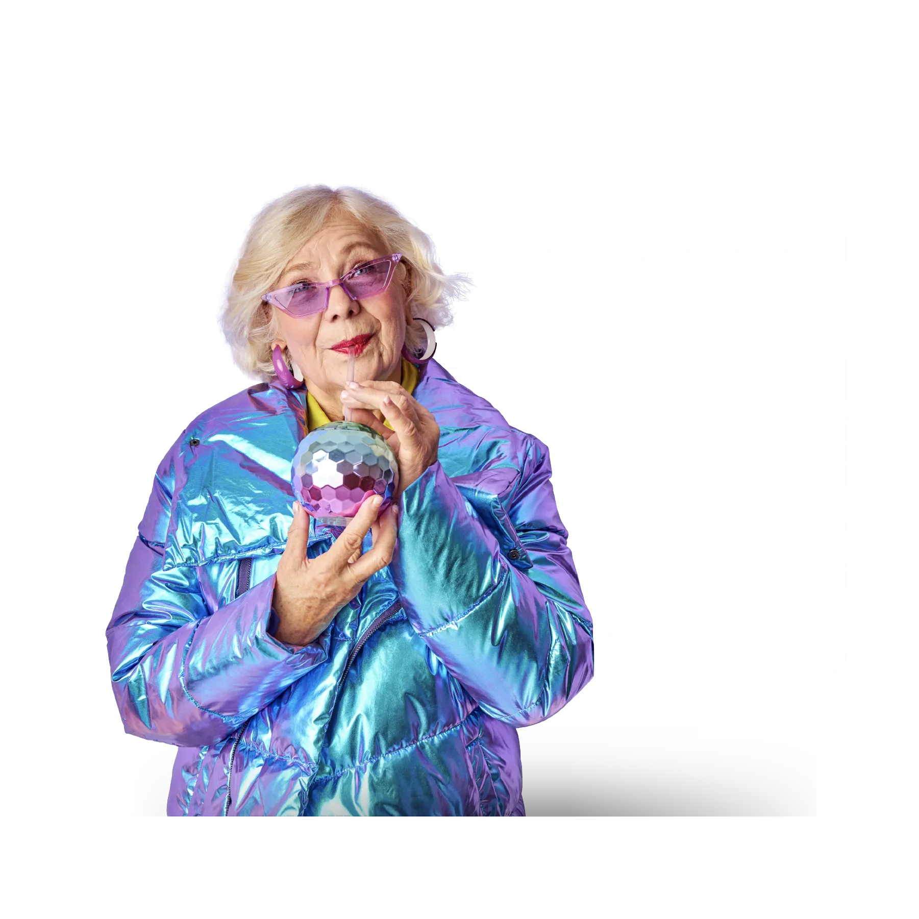 older lady with colorful jacket and demographic behind her